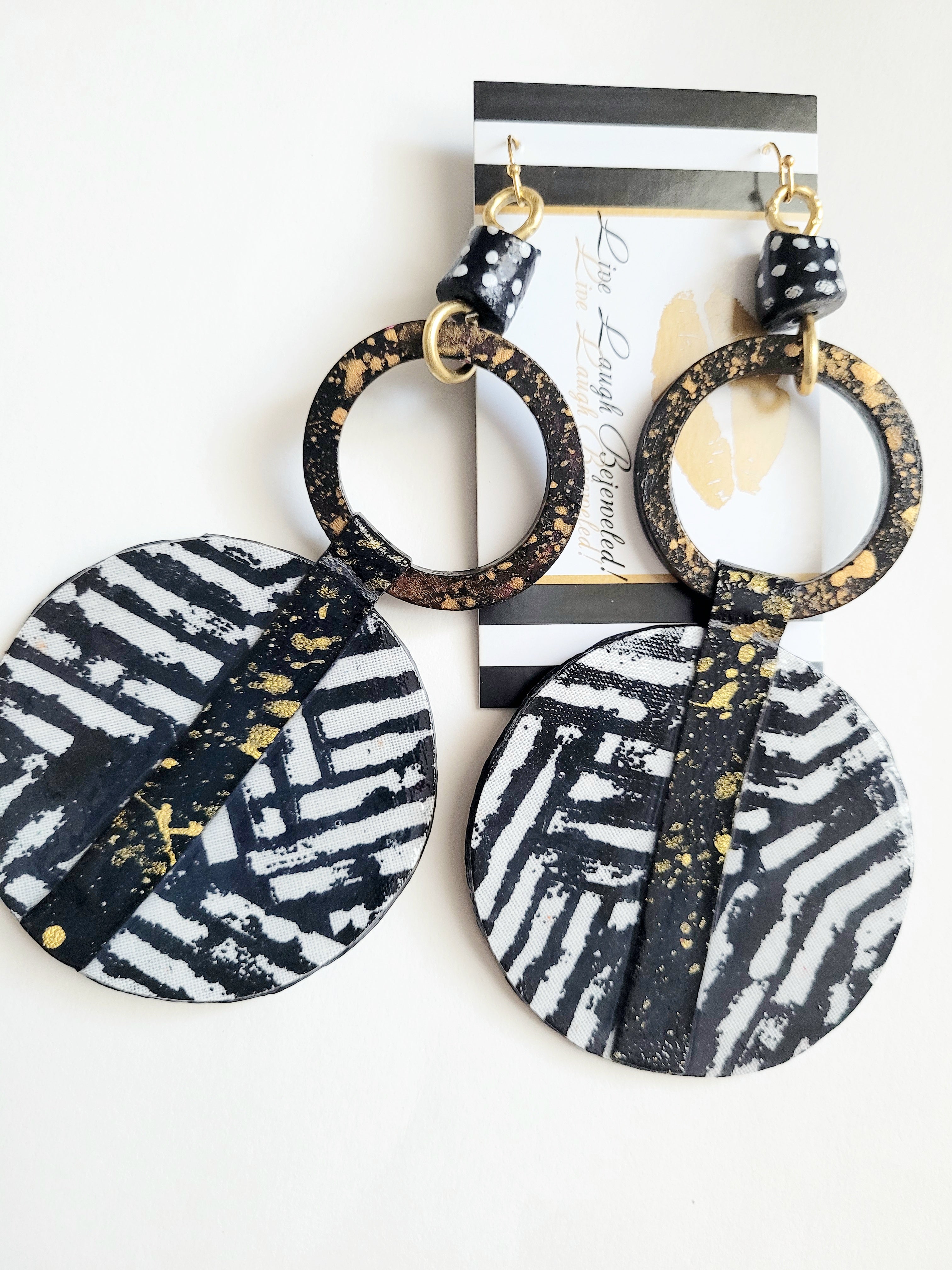 'Mixed Media' Black + White Custom-Painted Ankara + Wood + Leather Dangles (only 1 pair)