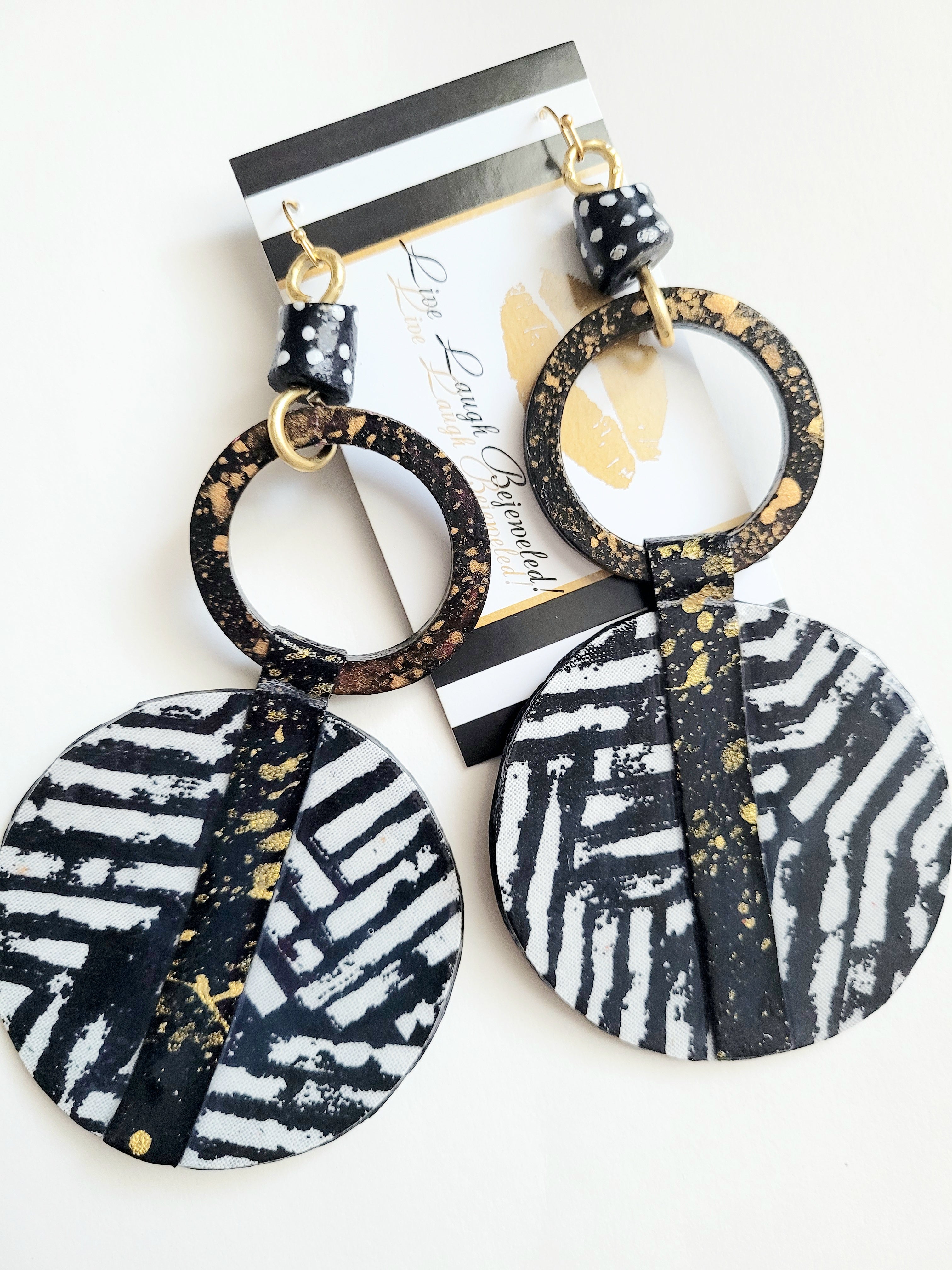 'Mixed Media' Black + White Custom-Painted Ankara + Wood + Leather Dangles (only 1 pair)