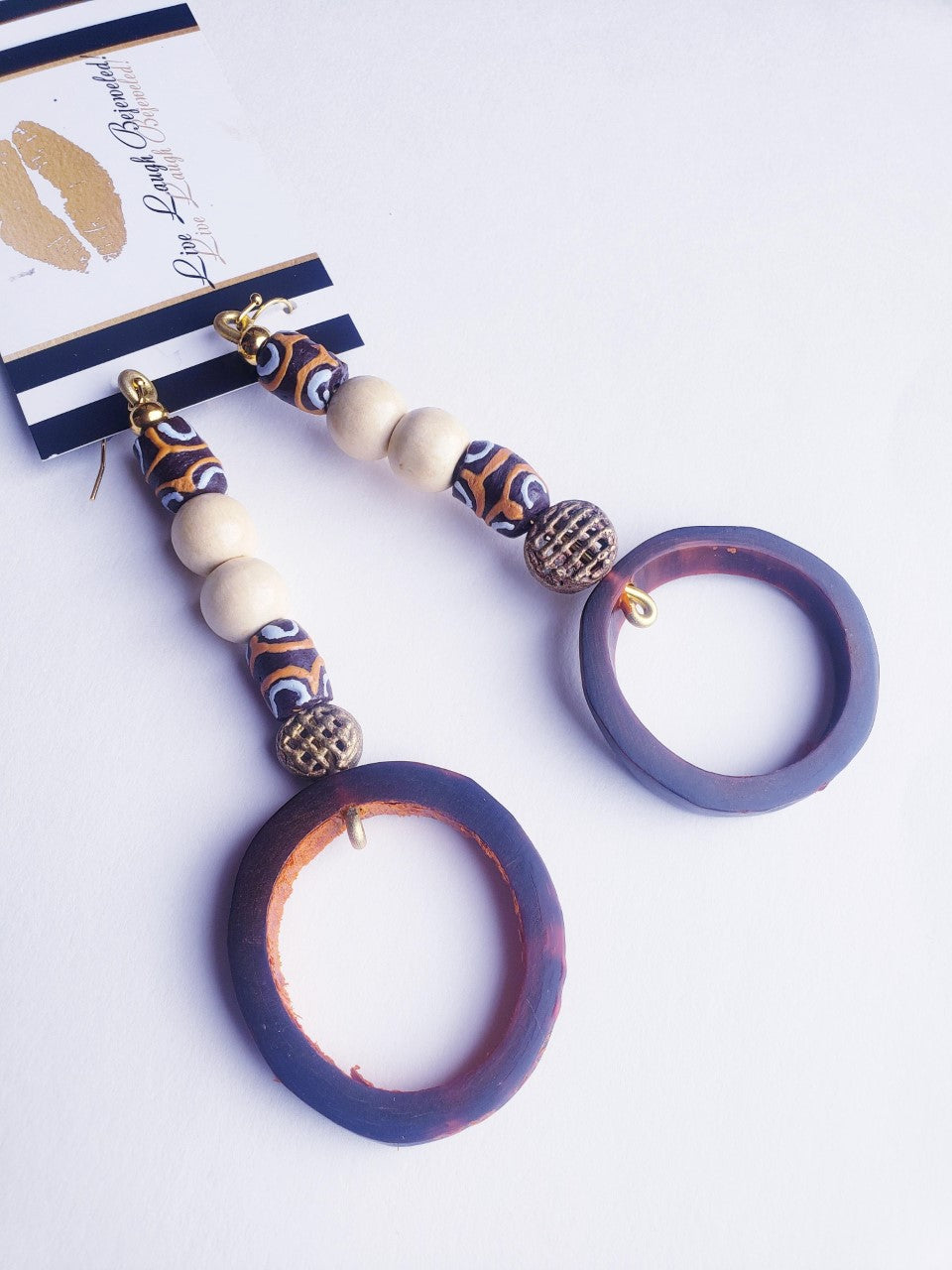 Bone + Wood + Ghanaian Recycled Glass Bead Earrings with Brass Accents
