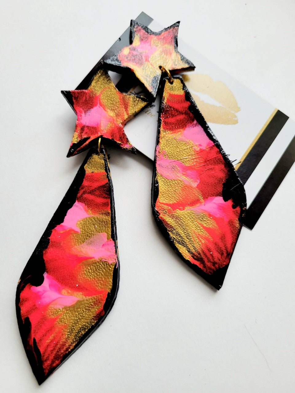 'Juicy Mood' Custom-Painted Red + Pink + Gold + Black Leather Dangles (Only 1 Available)