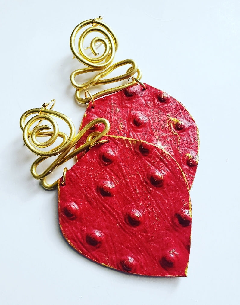 'Juicy Red' Ostrich Leather + Aluminum Dangles