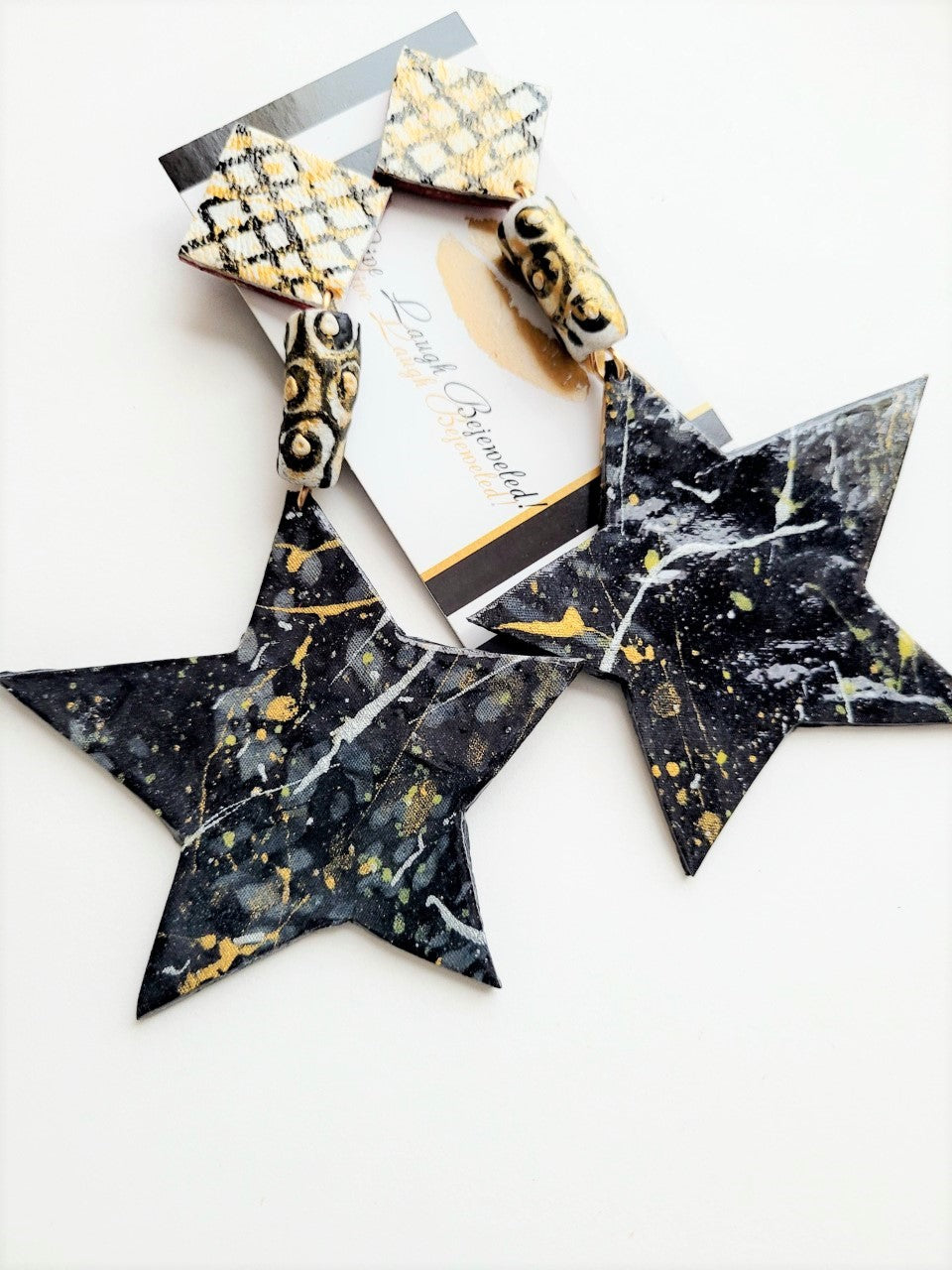 'Star Ship' Black + Silver + Gold Custom-Painted Leather Dangles